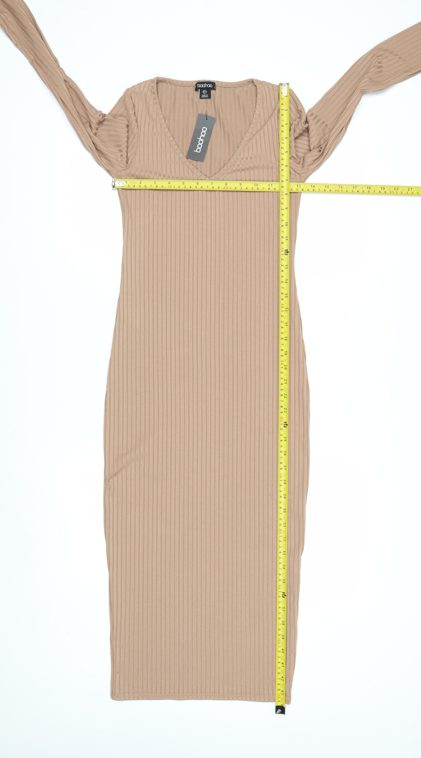 Boohoo Women's Beige Ribbed V-Neck Long Sleeve Midi Bodycon Dress Size 8