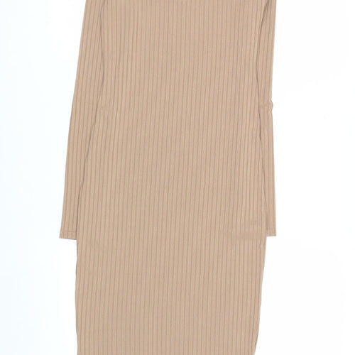 Boohoo Women's Beige Ribbed V-Neck Long Sleeve Midi Bodycon Dress Size 8