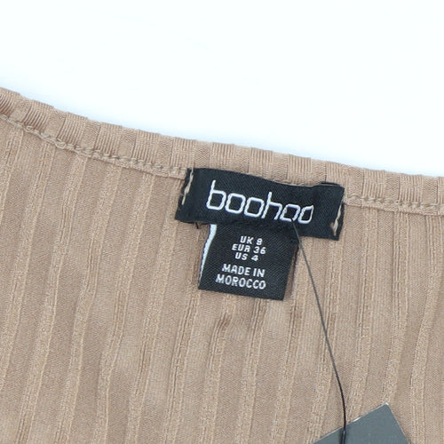 Boohoo Women's Beige Ribbed V-Neck Long Sleeve Midi Bodycon Dress Size 8