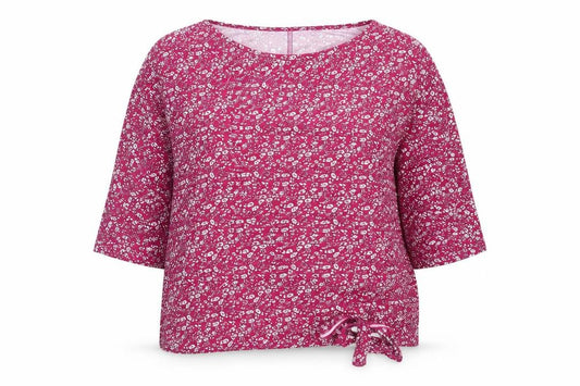 Front view of Ellie B women’s pink floral tunic blouse, size L, 3/4 sleeve scoop neck