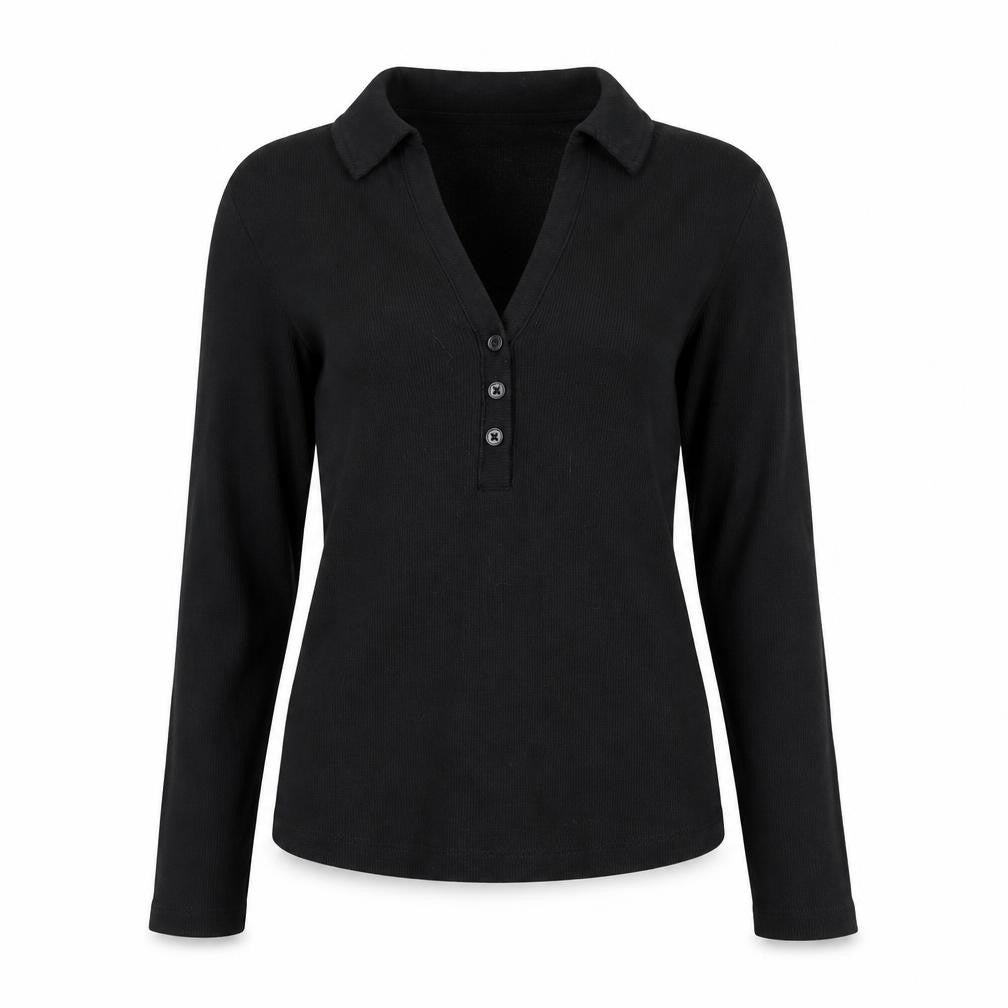 Front view of Next women’s black long sleeve v-neck button-up top, size UK 10