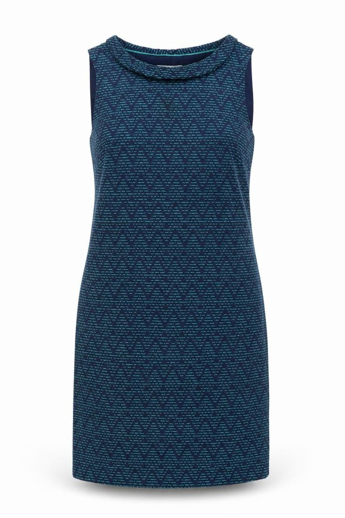 Front view of White Stuff Women's Blue Geometric Shift Dress, size 8