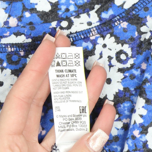 Marks and Spencer Women Blue Floral Long Sleeve Linen Blend Top Size 8