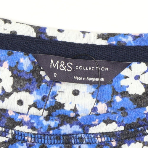 Marks and Spencer Women Blue Floral Long Sleeve Linen Blend Top Size 8