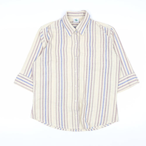 Grenouille Men's Beige Striped Cotton 3/4 Sleeve Button-Up Shirt Size M