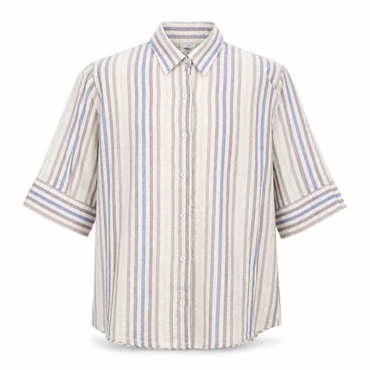 Front view of Grenouille Men's Beige Striped Cotton 3/4 Sleeve Button-Up Shirt, size M