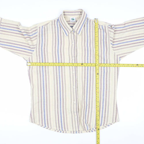 Grenouille Men's Beige Striped Cotton 3/4 Sleeve Button-Up Shirt Size M