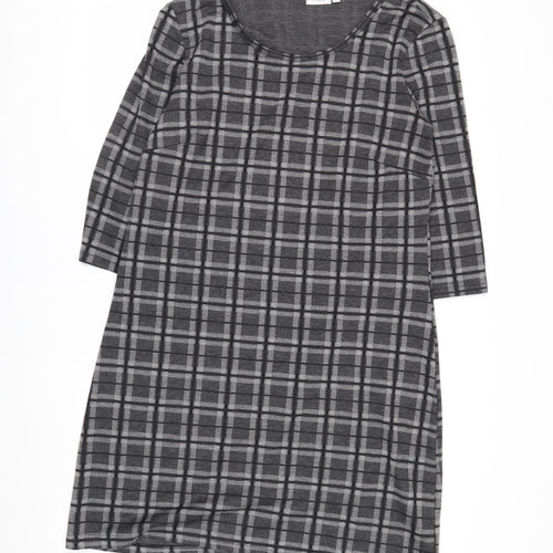 Fransa Women Grey Check Shift Dress L 3/4 Sleeve Knee Length