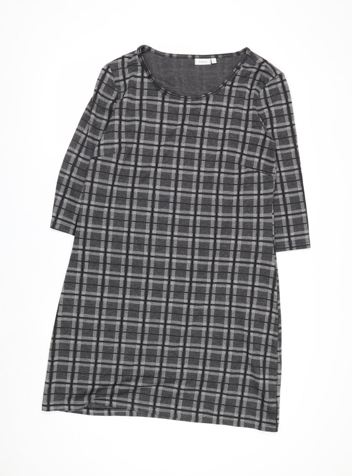 Fransa Women Grey Check Shift Dress L 3/4 Sleeve Knee Length