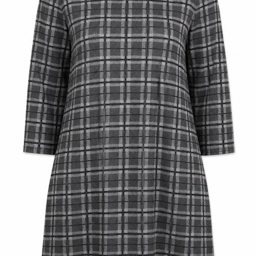 Fransa Women Grey Check Shift Dress L 3/4 Sleeve Knee Length