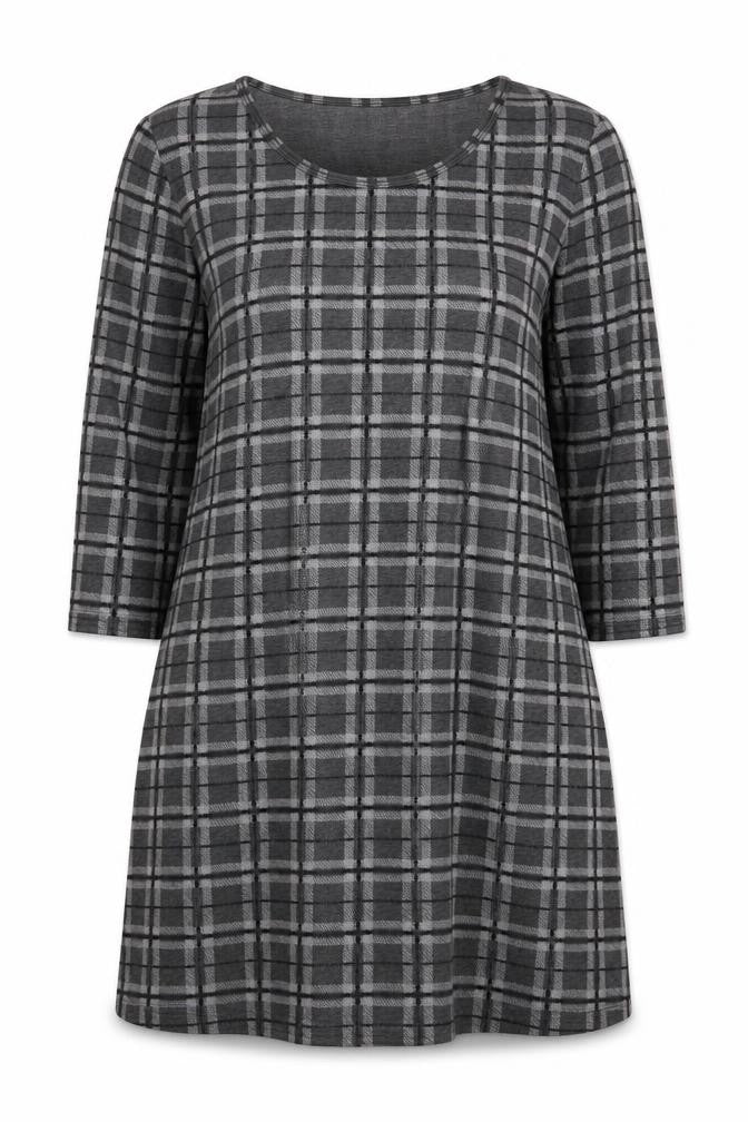 Fransa Women Grey Check Shift Dress L 3/4 Sleeve Knee Length