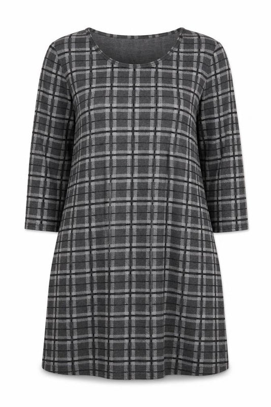 Front view of Fransa Women Grey Check Shift Dress L 3/4 Sleeve Knee Length