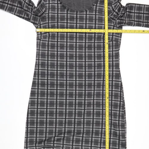 Fransa Women Grey Check Shift Dress L 3/4 Sleeve Knee Length