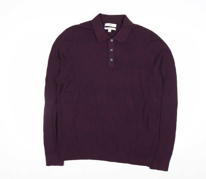 Marks and Spencer Men's Purple Collared Henley Cotton Jumper L