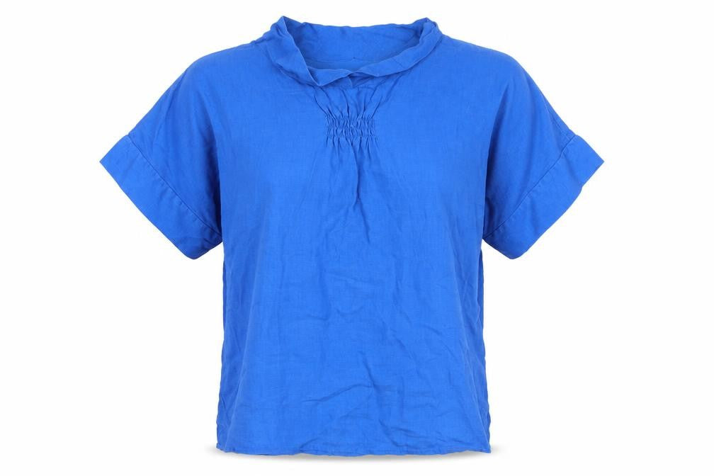 East Women’s Blue Linen Short Sleeve Tunic Blouse - M