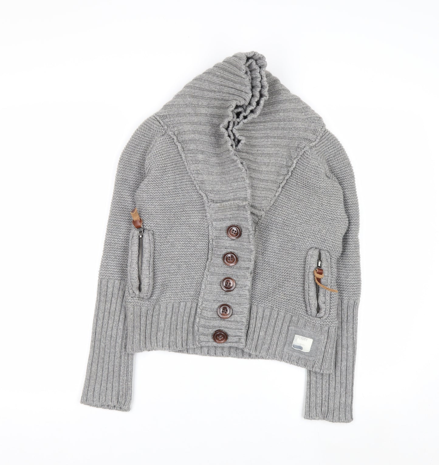 Superdry Womens Grey Shawl Collar Button Cardigan Medium Knitwear