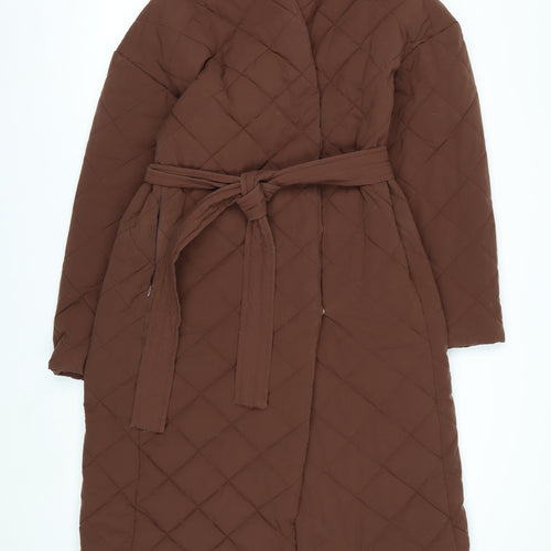 Mango Women Brown Quilted Long Belted Coat Size 12