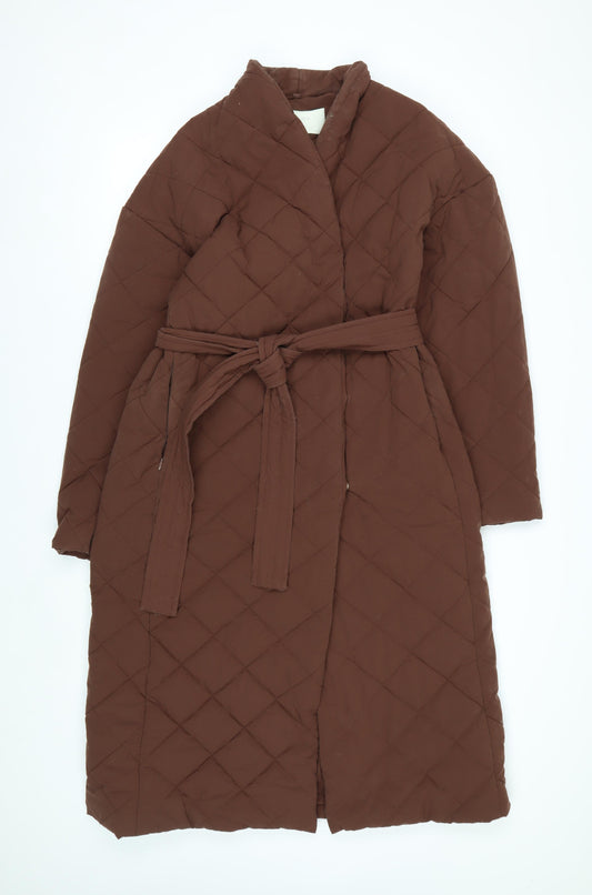 Mango Women Brown Quilted Long Belted Coat Size 12