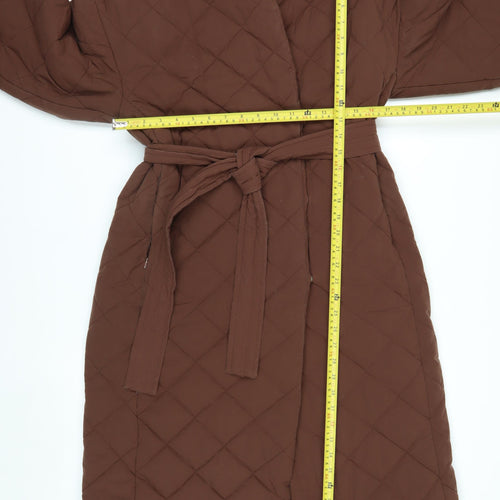 Mango Women Brown Quilted Long Belted Coat Size 12