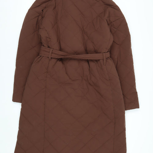 Mango Women Brown Quilted Long Belted Coat Size 12