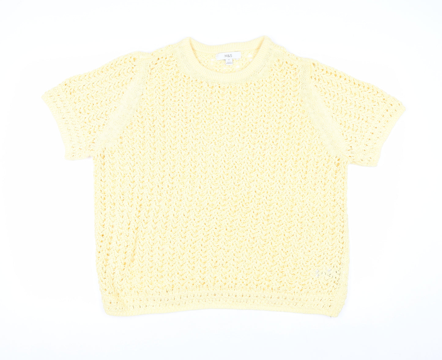 Marks and Spencer Women Yellow Open Knit Cotton Short Sleeve Jumper XL