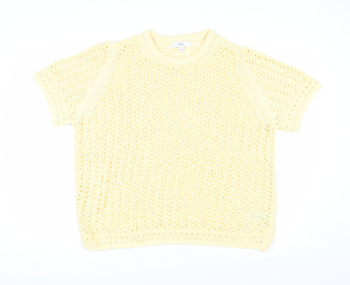 Marks and Spencer Women Yellow Open Knit Cotton Short Sleeve Jumper XL