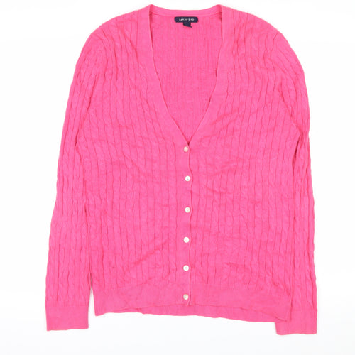 Lands' End Women's Pink Cotton Cable Knit V-Neck Cardigan M 10-12