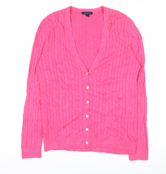 Lands' End Women's Pink Cotton Cable Knit V-Neck Cardigan M 10-12