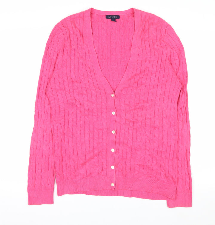 Lands' End Women's Pink Cotton Cable Knit V-Neck Cardigan M 10-12