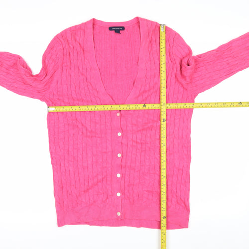 Lands' End Women's Pink Cotton Cable Knit V-Neck Cardigan M 10-12