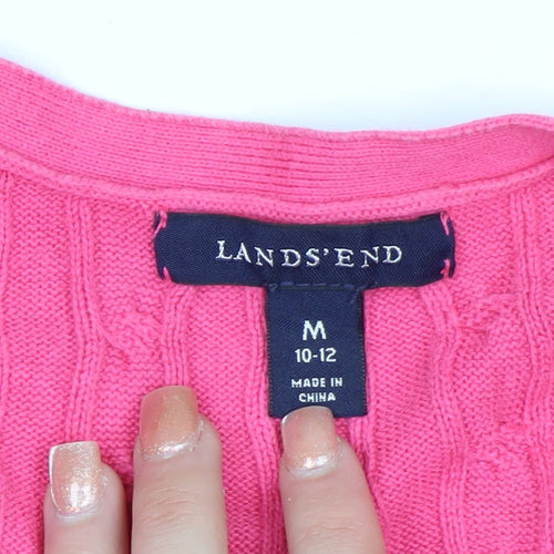 Lands' End Women's Pink Cotton Cable Knit V-Neck Cardigan M 10-12