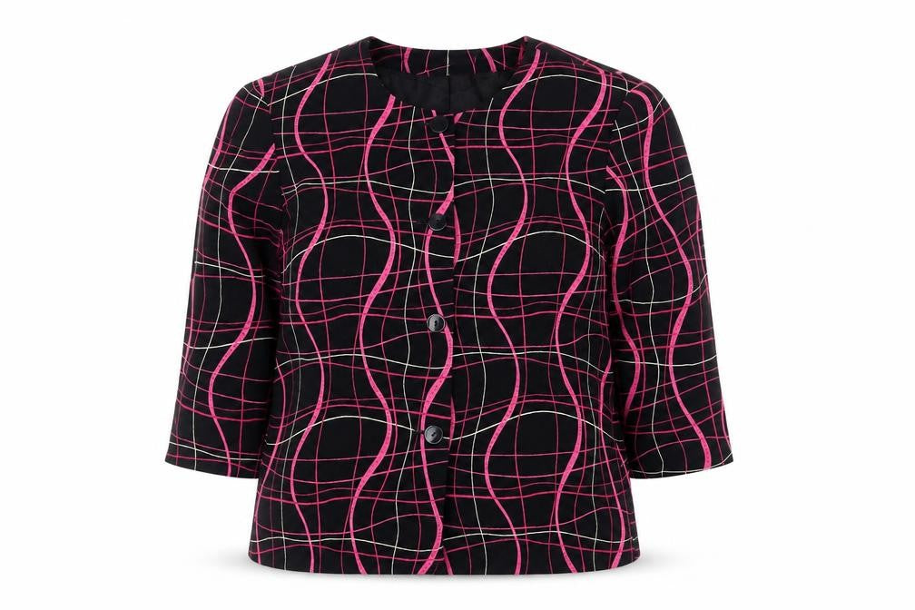 Front view of Lyse Hart Ltd Women Black Pink Geometric Pattern Suit Jacket, size 6