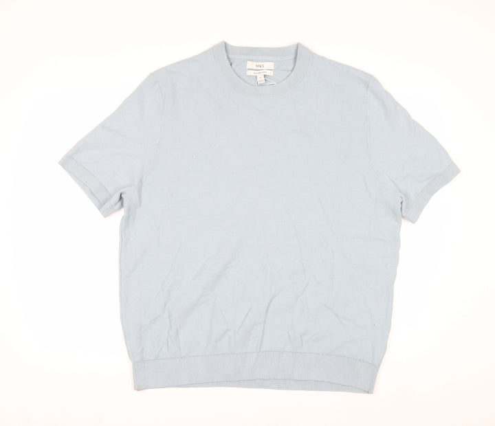 Marks and Spencer Women Blue Cotton Knit Short Sleeve Jumper XL
