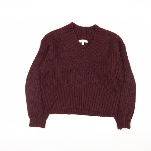 Marks and Spencer Per Una Women Burgundy V-Neck Chunky Knit Jumper S