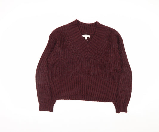 Marks and Spencer Per Una Women Burgundy V-Neck Chunky Knit Jumper S
