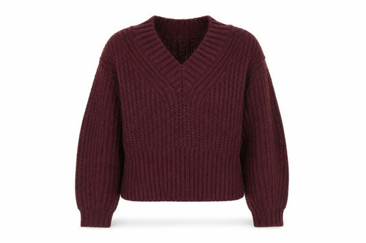 Front view of Marks & Spencer Per Una Women Burgundy V-Neck Chunky Knit Jumper S