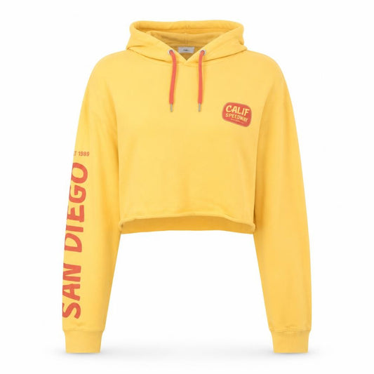 Front view of Next Women Yellow Cropped Pullover Hoodie L San Diego Print