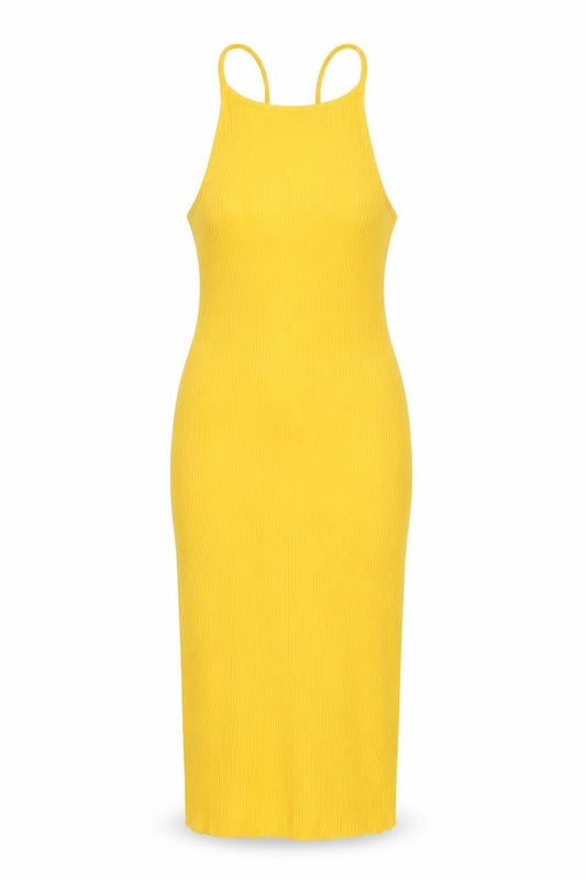 Front view of H&M Women’s Yellow Bodycon Halter Cut Out Summer Dress XS
