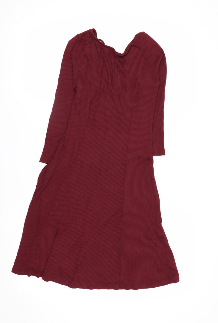 Forever 21 Women Red Fit & Flare Lace Up Long Sleeve Dress Size S