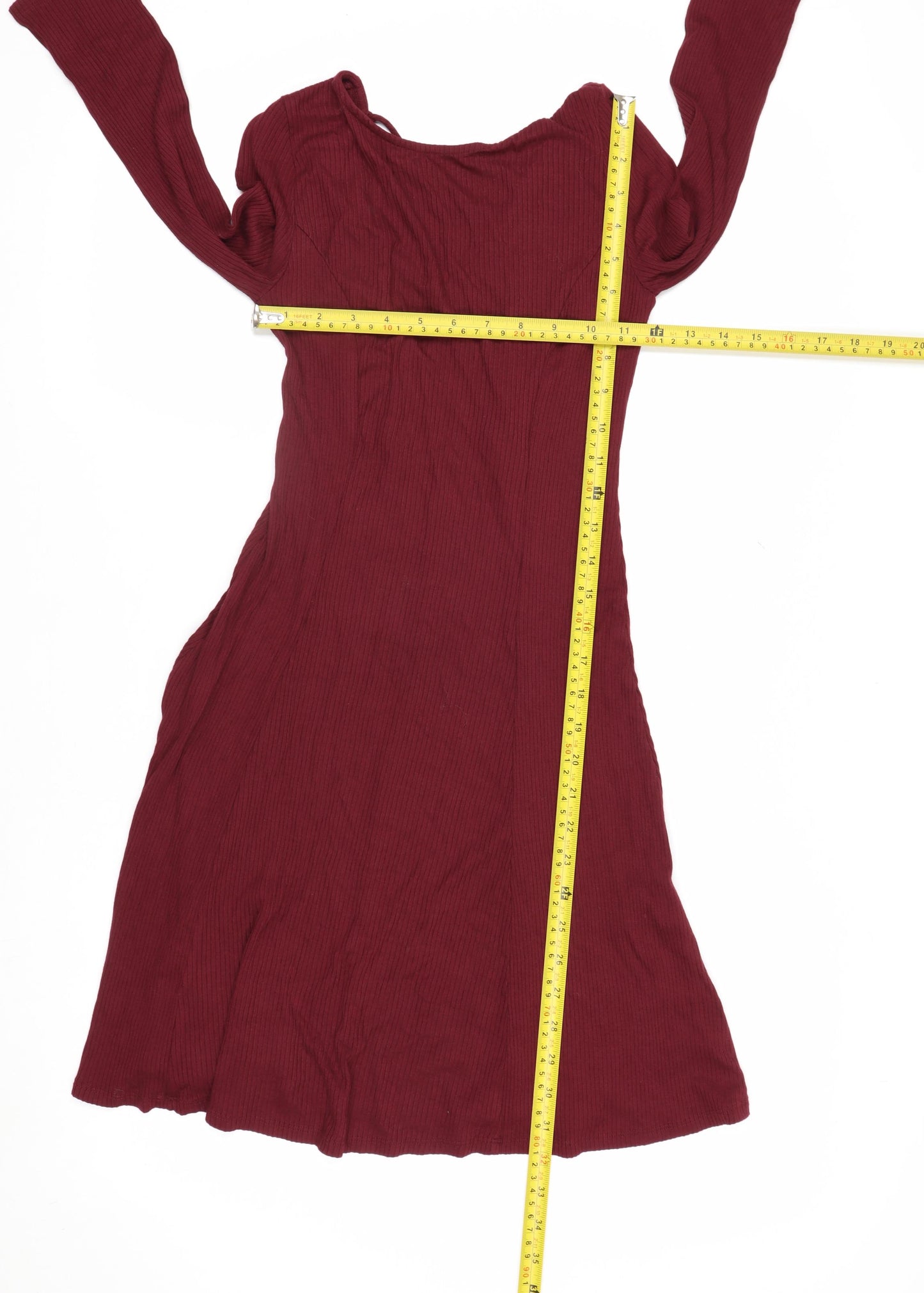 Forever 21 Women Red Fit & Flare Lace Up Long Sleeve Dress Size S