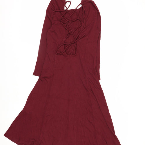 Forever 21 Women Red Fit & Flare Lace Up Long Sleeve Dress Size S