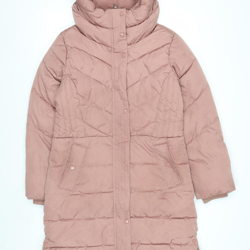Next Women Pink Long Puffer Coat Size 10 Hooded Shower Resistant