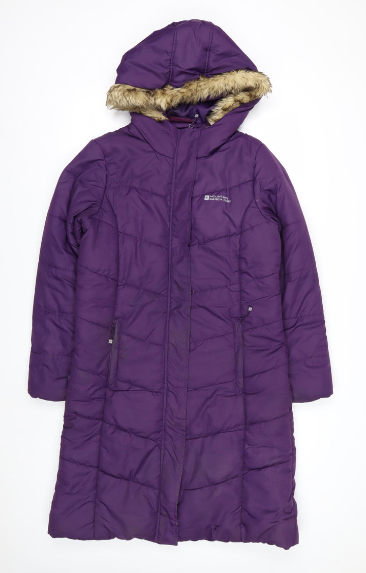 Mountain Warehouse Womens Purple Long Puffer Coat Size 12 Hooded Faux Fur Trim Winter Jacket