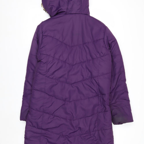 Mountain Warehouse Womens Purple Long Puffer Coat Size 12 Hooded Faux Fur Trim Winter Jacket