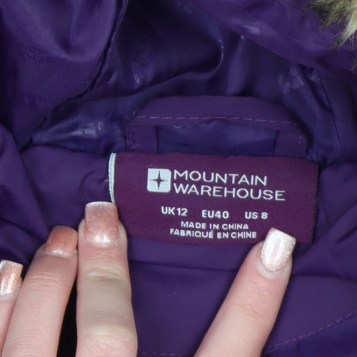 Mountain Warehouse Womens Purple Long Puffer Coat Size 12 Hooded Faux Fur Trim Winter Jacket