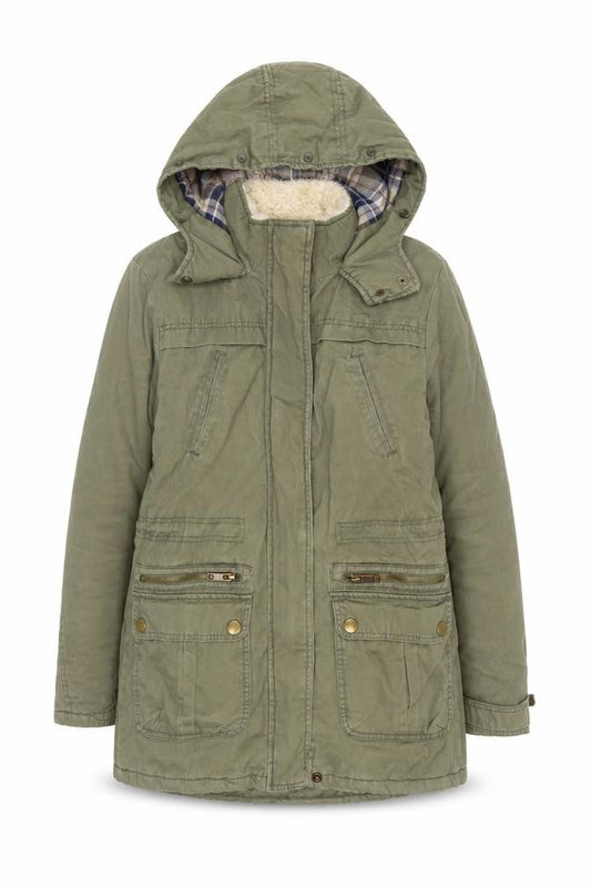 Front view of New Look Women’s Green Cotton Hooded Parka Jacket, size UK 8