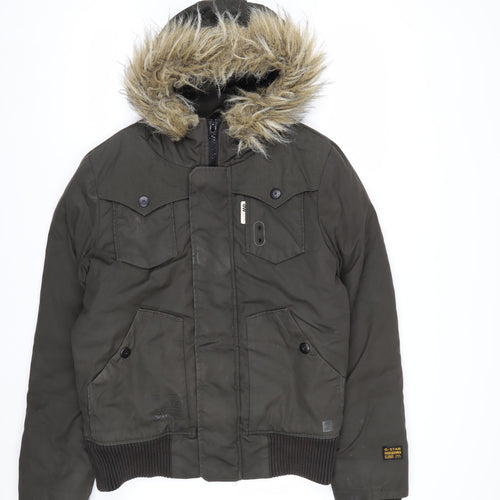 G-Star RAW Men's Green Hooded Bomber Jacket M Faux Fur Trim Winter