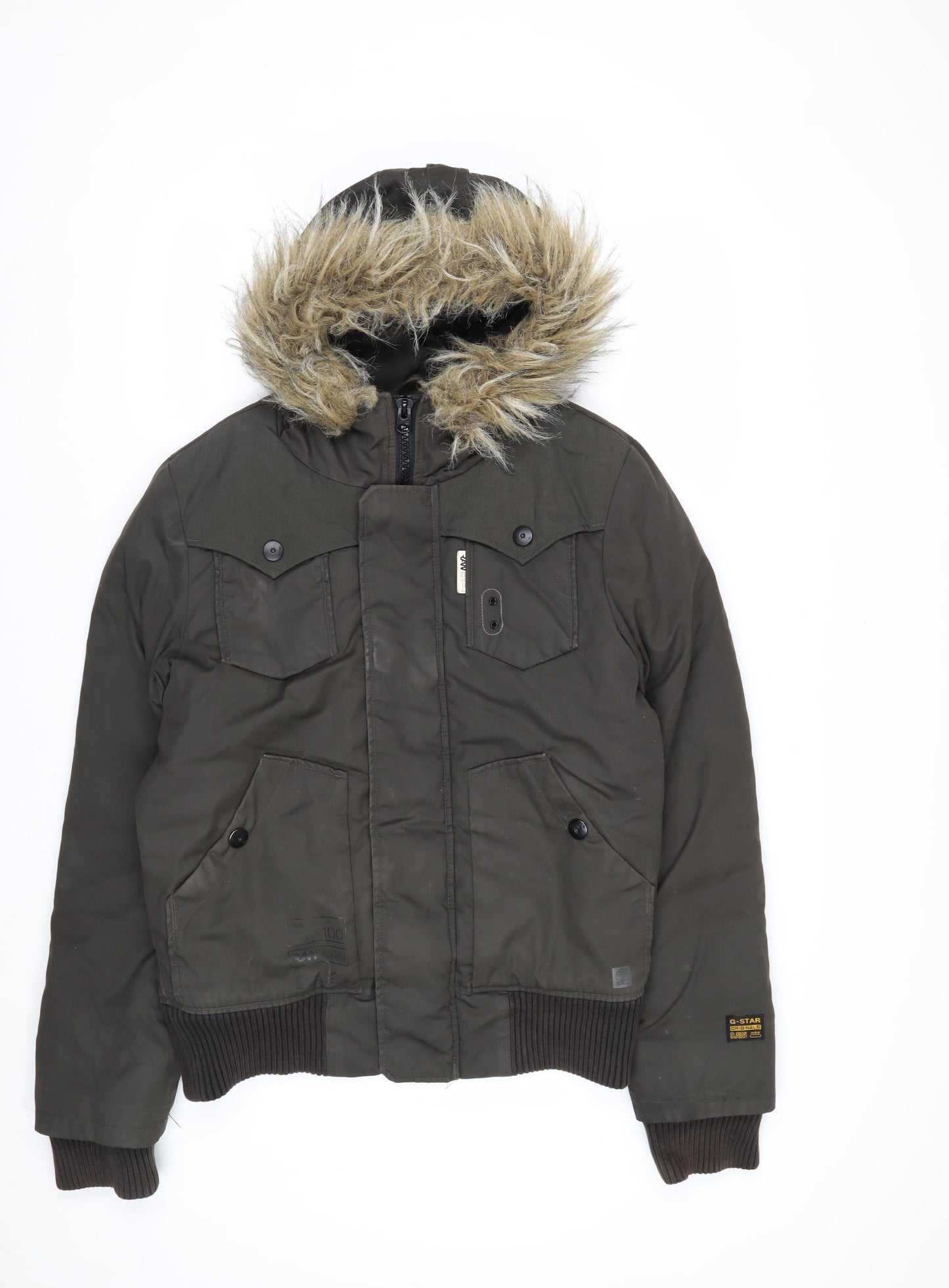 G-Star RAW Men's Green Hooded Bomber Jacket M Faux Fur Trim Winter