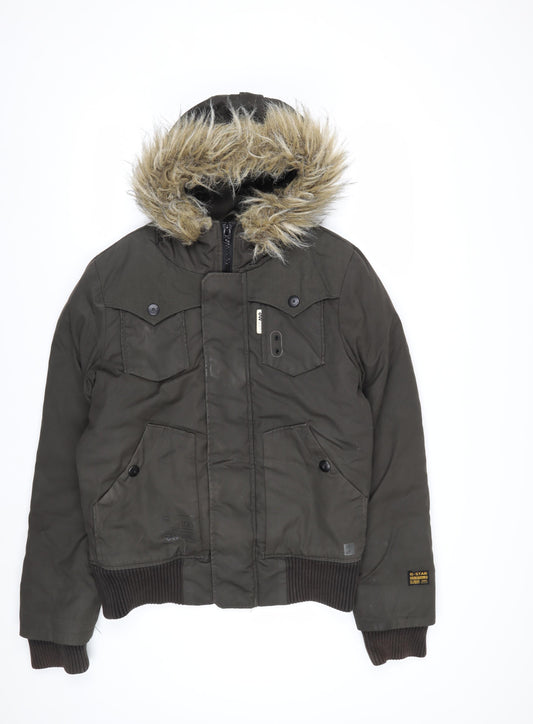 G-Star RAW Men's Green Hooded Bomber Jacket M Faux Fur Trim Winter