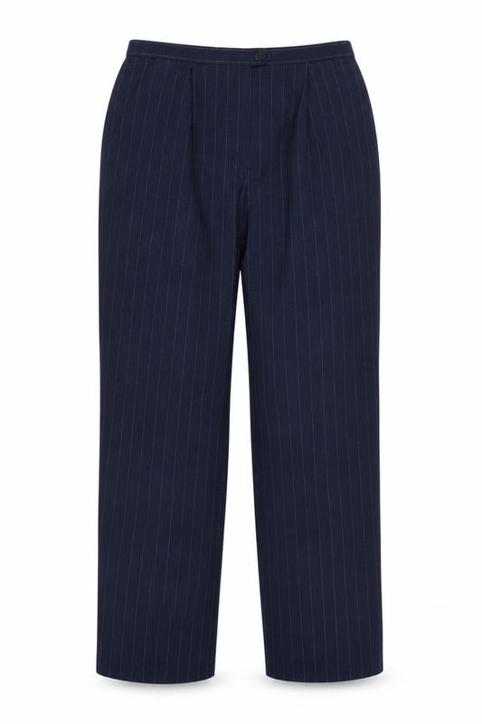 Front view of Dressbarn Women’s Blue Pinstripe Pleated Straight Trousers, size UK 8